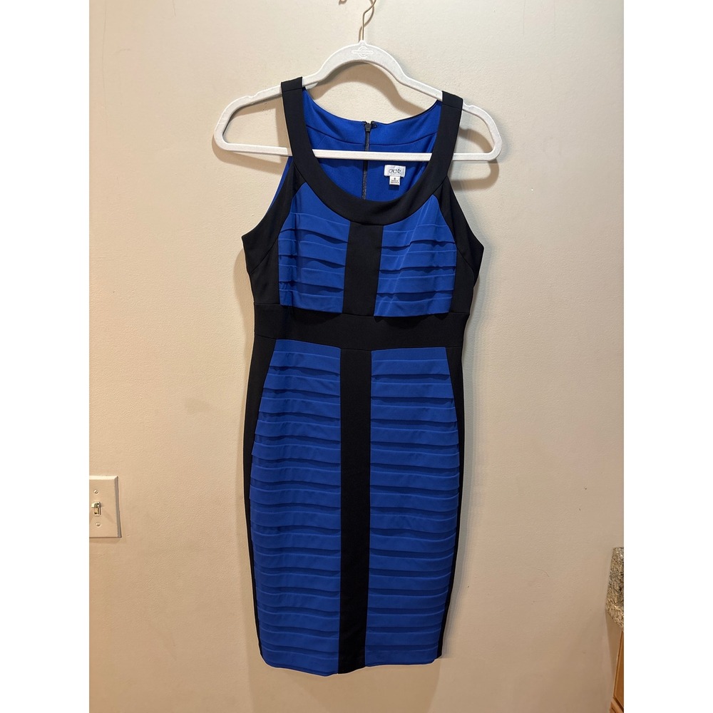 Cache Womens Blue Black Colorblock Pleated Sheath Dress Size 8 Sleeveless